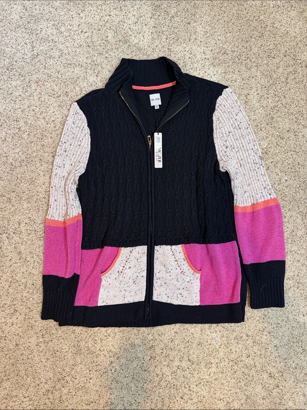 NIC+ZOE Zip Cardigan Size XL Black Multi Colorblock Cable Knit Sweater NWT